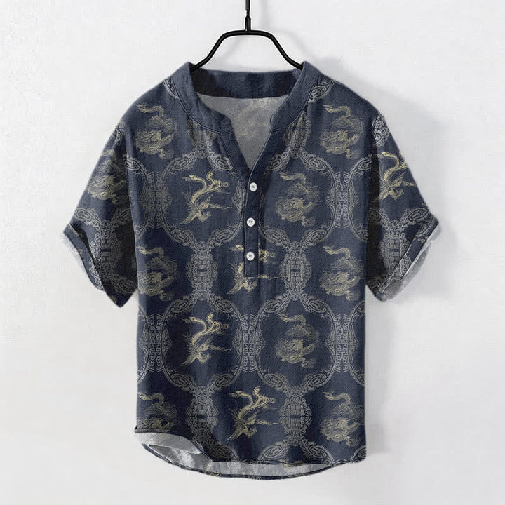 Buddha Stones Baumwollhemd mit Drachen- und Phönix-Emblem, Kurzarm, halbe Knopfleiste, Herren - Mitternachtsblau - US/ UK/AU50, EU60 (5XL) - image 6