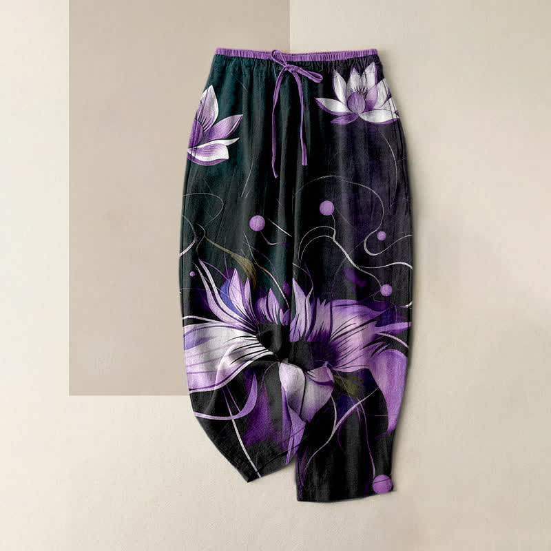Buddha Stones Damenhose aus reiner Baumwolle mit lila Lotusmuster, elastischem Bund und Taschen - Schwarz - US16, UK/AU20, EU48 (3XL) - image 0