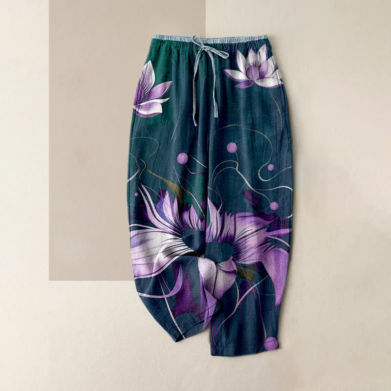 Buddha Stones Damenhose aus reiner Baumwolle mit lila Lotusmuster, elastischem Bund und Taschen - Türkis - US16, UK/AU20, EU48 (3XL) - image 4