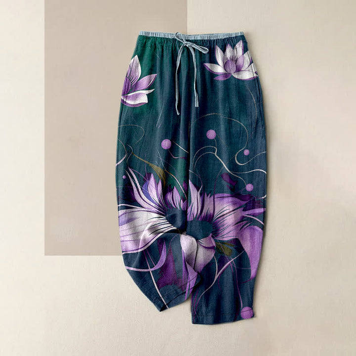 Buddha Stones Damenhose aus reiner Baumwolle mit lila Lotusmuster, elastischem Bund und Taschen - Türkis - US16, UK/AU20, EU48 (3XL) - image 4