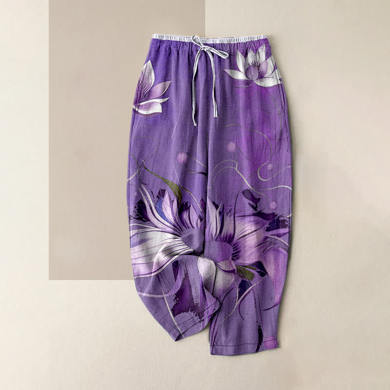 Buddha Stones Damenhose aus reiner Baumwolle mit lila Lotusmuster, elastischem Bund und Taschen - Mittelviolett - US16, UK/AU20, EU48 (3XL) - image 5