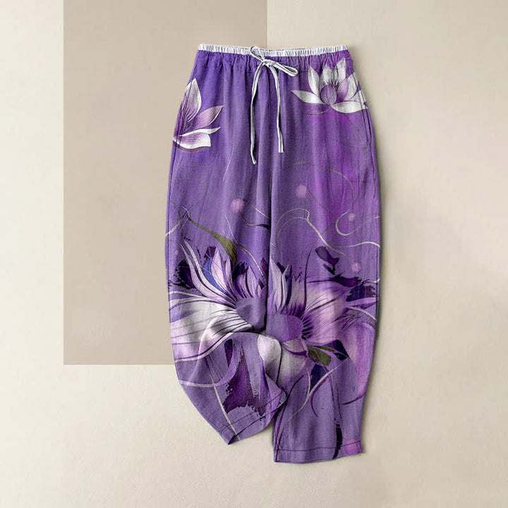 Buddha Stones Damenhose aus reiner Baumwolle mit lila Lotusmuster, elastischem Bund und Taschen - Mittelviolett - US16, UK/AU20, EU48 (3XL) - image 5