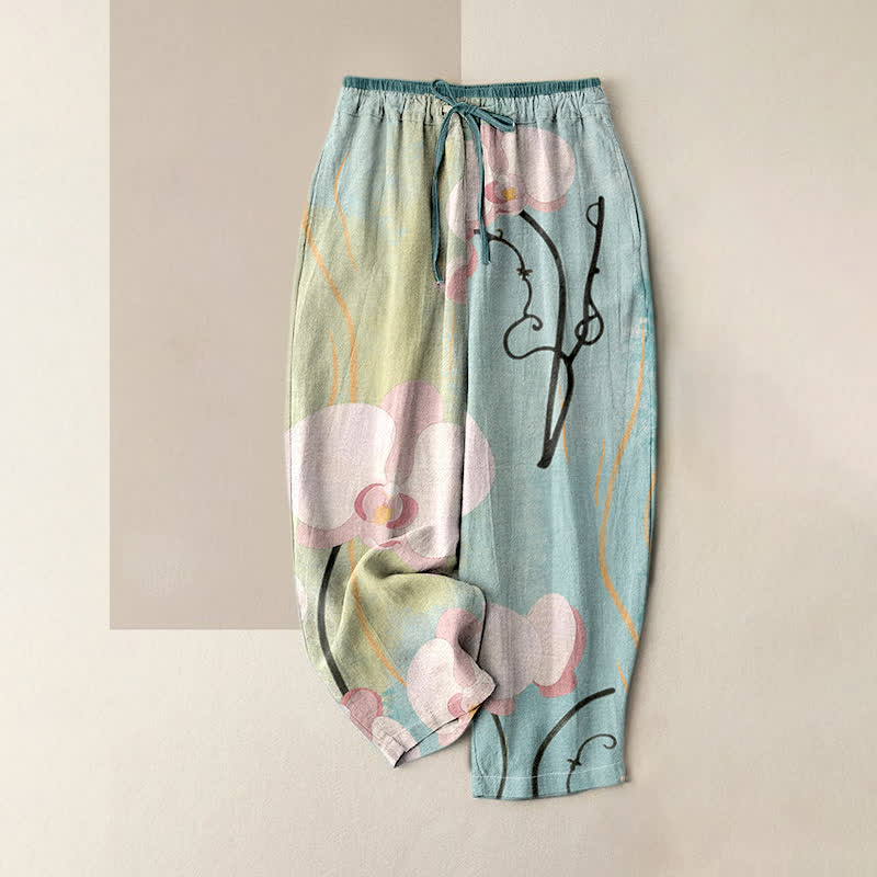 Buddha Stones Baumwollhose mit Orchideenmuster, Kordelzug, elastischem Bund und Taschen für Damen - Hellblau - US16, UK/AU20, EU48 (3XL) - image 0