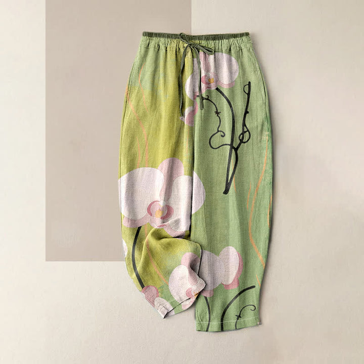 Buddha Stones Baumwollhose mit Orchideenmuster, Kordelzug, elastischem Bund und Taschen für Damen - Dunkelmeergrün - US16, UK/AU20, EU48 (3XL) - image 3