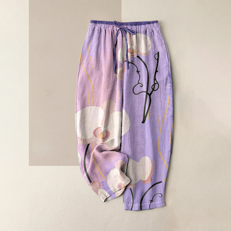 Buddha Stones Baumwollhose mit Orchideenmuster, Kordelzug, elastischem Bund und Taschen für Damen - Mittelviolett - US16, UK/AU20, EU48 (3XL) - image 4