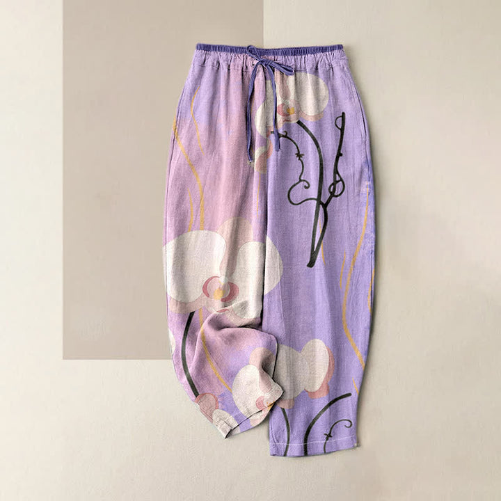 Buddha Stones Baumwollhose mit Orchideenmuster, Kordelzug, elastischem Bund und Taschen für Damen - Mittelviolett - US16, UK/AU20, EU48 (3XL) - image 4