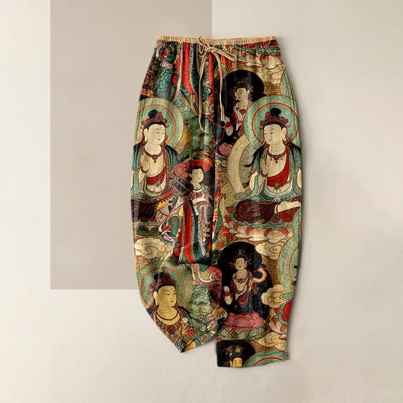 Buddha Stones Damenhose aus reiner Baumwolle mit mehreren Buddha-Mustern, elastischem Bund und Taschen - NavajoWhite - US16, UK/AU20, EU48 (3XL) - image 0