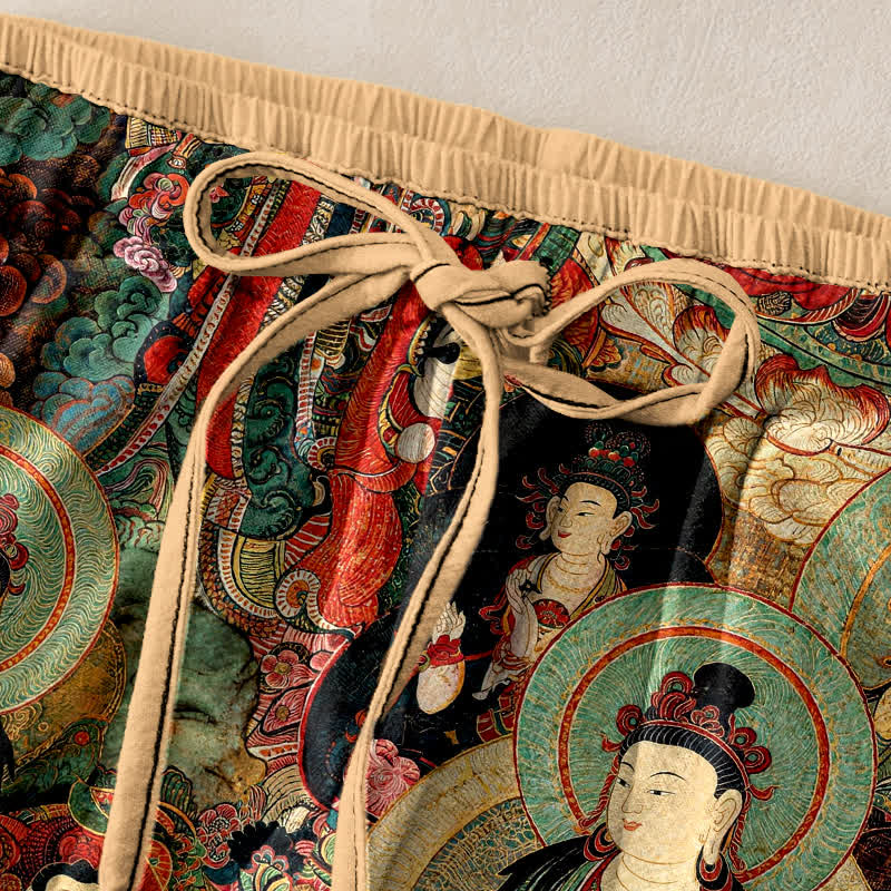 Buddha Stones Damenhose aus reiner Baumwolle mit mehreren Buddha-Mustern, elastischem Bund und Taschen - image 1