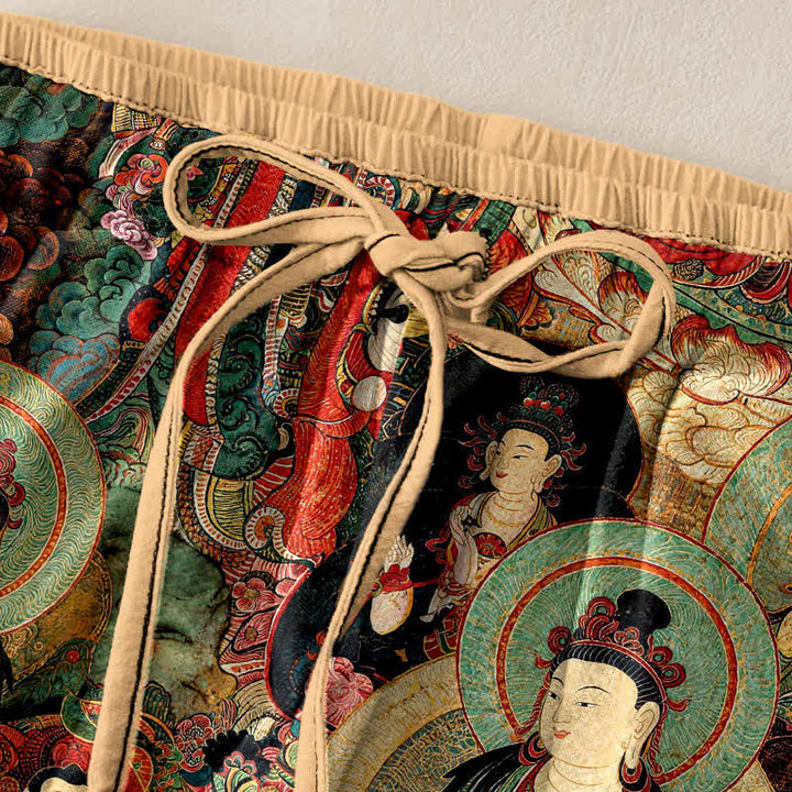 Buddha Stones Damenhose aus reiner Baumwolle mit mehreren Buddha-Mustern, elastischem Bund und Taschen - image 1