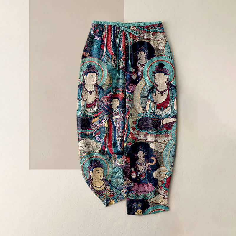 Buddha Stones Damenhose aus reiner Baumwolle mit mehreren Buddha-Mustern, elastischem Bund und Taschen - Türkis - US16, UK/AU20, EU48 (3XL) - image 4
