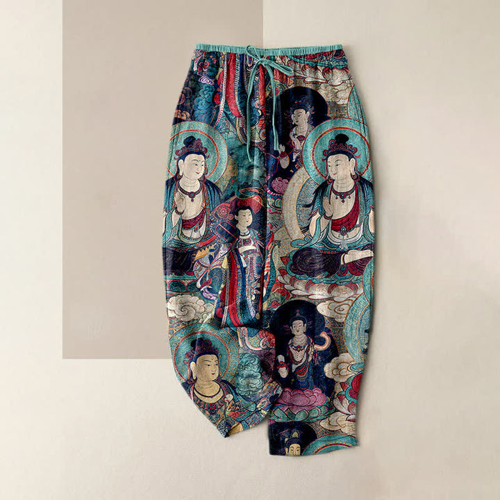 Buddha Stones Damenhose aus reiner Baumwolle mit mehreren Buddha-Mustern, elastischem Bund und Taschen - Türkis - US16, UK/AU20, EU48 (3XL) - image 4