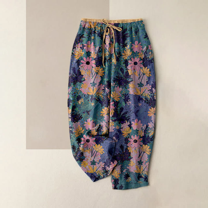 Buddha Stones Bunte Damenhose aus reiner Baumwolle mit Blumenmuster, elastischem Bund und Taschen - Dunkelcyan - US16, UK/AU20, EU48 (3XL) - image 0