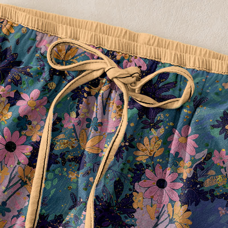 Buddha Stones Bunte Damenhose aus reiner Baumwolle mit Blumenmuster, elastischem Bund und Taschen - image 1