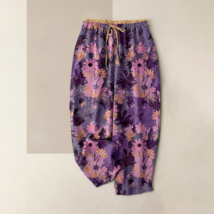 Buddha Stones Bunte Damenhose aus reiner Baumwolle mit Blumenmuster, elastischem Bund und Taschen - DarkOrchid - US16, UK/AU20, EU48 (3XL) - image 4