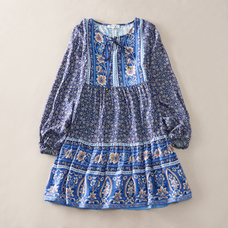 Buddha Stones Boho-Minikleid für Damen mit floralem Paisley-Muster, Armbändern, Puffärmeln und Bindekragen für den Herbst. - image 0