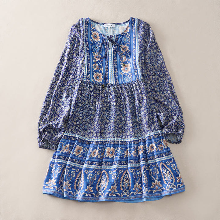 Buddha Stones Boho-Minikleid für Damen mit floralem Paisley-Muster, Armbändern, Puffärmeln und Bindekragen für den Herbst. - image 0