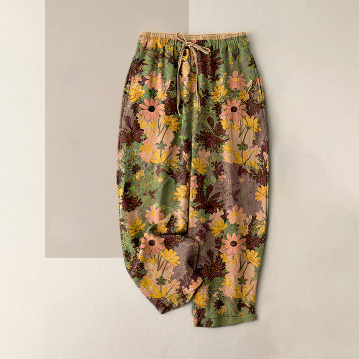 Buddha Stones Bunte Damenhose aus reiner Baumwolle mit Blumenmuster, elastischem Bund und Taschen - Olivgrün - US16, UK/AU20, EU48 (3XL) - image 5