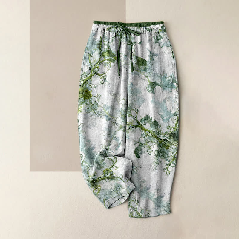 Buddha Stones Damenhose aus reiner Baumwolle mit Taschen und floralem Zweigmuster - Türkis - US16, UK/AU20, EU48 (3XL) - image 0