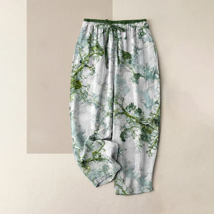 Buddha Stones Damenhose aus reiner Baumwolle mit Taschen und floralem Zweigmuster - Türkis - US16, UK/AU20, EU48 (3XL) - image 0