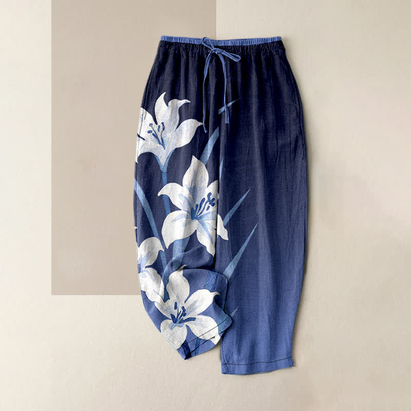 Buddha Stones Damenhose aus reiner Baumwolle mit Lilienmuster, elastischem Bund, Kordelzug und Taschen - Königsblau - US16, UK/AU20, EU48 (3XL) - image 0