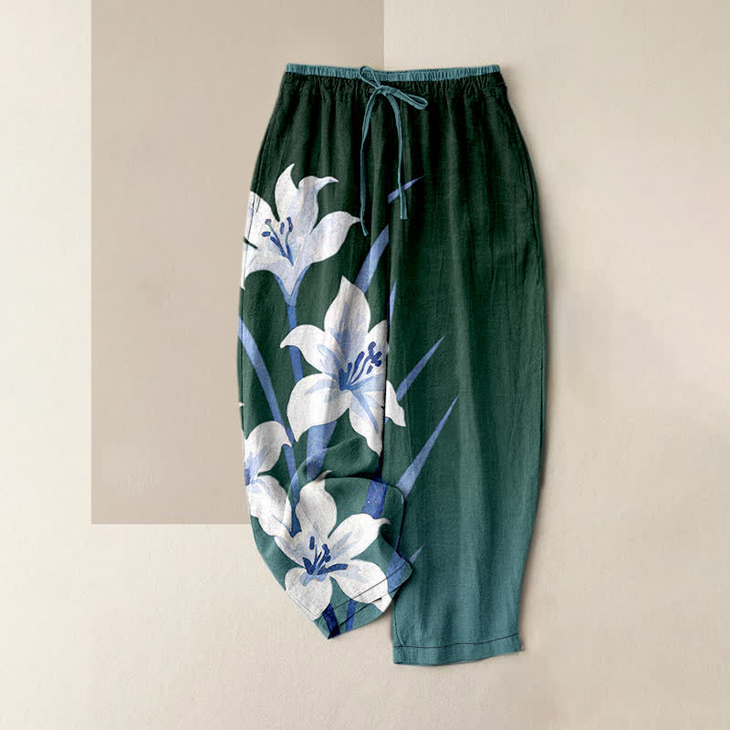 Buddha Stones Damenhose aus reiner Baumwolle mit Lilienmuster, elastischem Bund, Kordelzug und Taschen - SeaGreen - US16, UK/AU20, EU48 (3XL) - image 4
