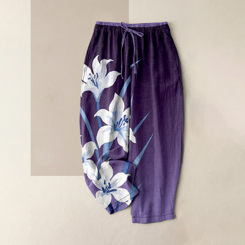 Buddha Stones Damenhose aus reiner Baumwolle mit Lilienmuster, elastischem Bund, Kordelzug und Taschen - Indigo - US16, UK/AU20, EU48 (3XL) - image 5