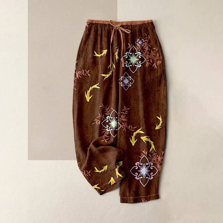 Buddha Stones Damenhose aus Baumwolle mit geometrischem Koi-Fisch-Print, Kordelzug und Taschen - Sattelbraun - US16, UK/AU20, EU48 (3XL) - image 3