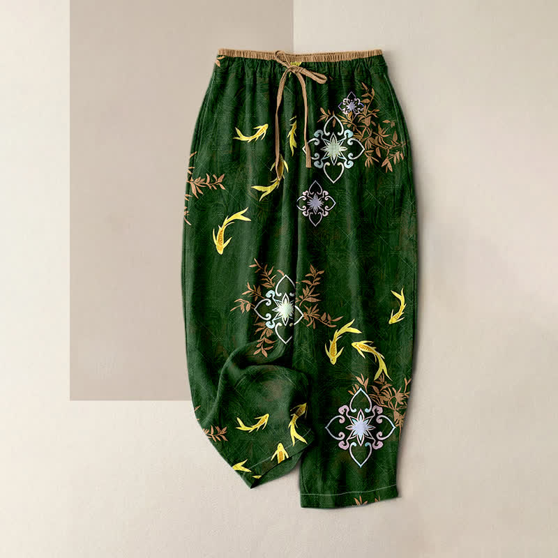 Buddha Stones Damenhose aus Baumwolle mit geometrischem Koi-Fisch-Print, Kordelzug und Taschen - Dunkelgrün - US16, UK/AU20, EU48 (3XL) - image 0