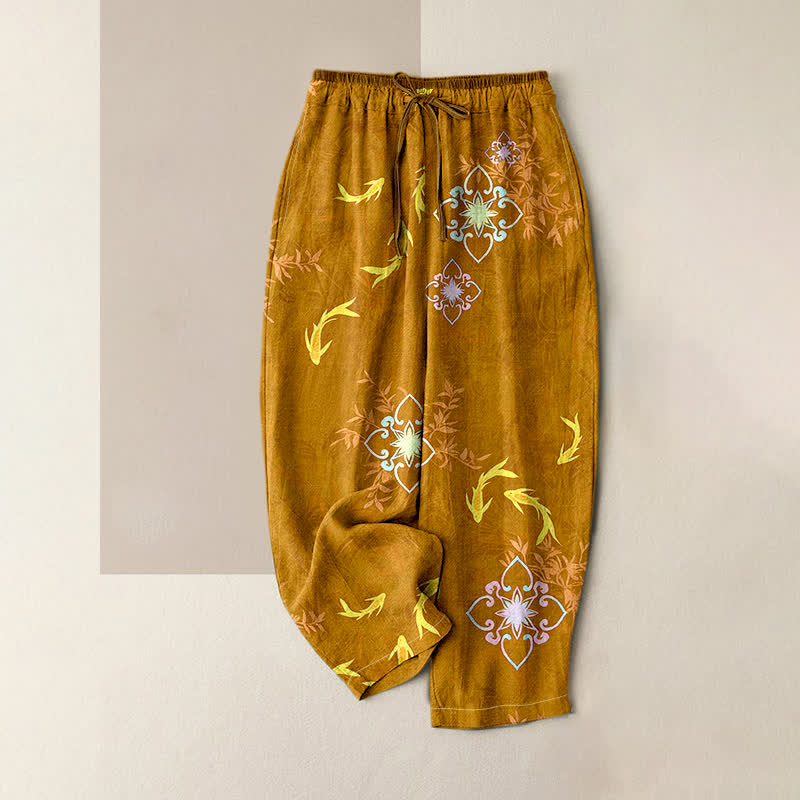 Buddha Stones Damenhose aus Baumwolle mit geometrischem Koi-Fisch-Print, Kordelzug und Taschen - Dunkelgoldenrod - US16, UK/AU20, EU48 (3XL) - image 6