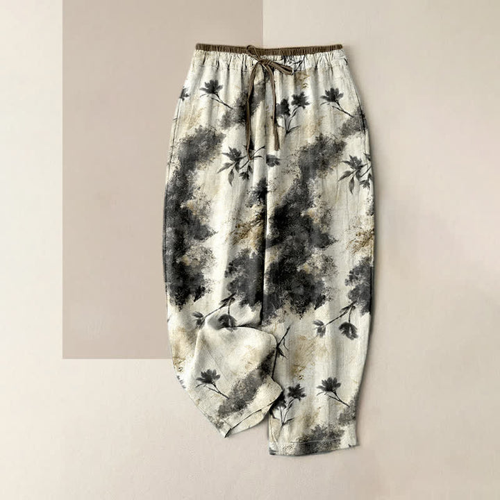 Buddha Stones Damen-Hose aus reiner Baumwolle mit elastischem Kordelzug und Taschen, verziert mit floralem Tuschewasch-Muster - Beige - US16, UK/AU20, EU48 (3XL) - image 0
