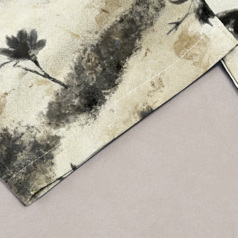 Buddha Stones Damen-Hose aus reiner Baumwolle mit elastischem Kordelzug und Taschen, verziert mit floralem Tuschewasch-Muster - image 1