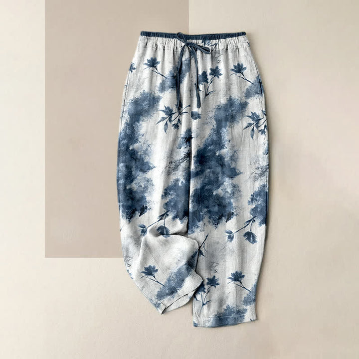 Buddha Stones Damen-Hose aus reiner Baumwolle mit elastischem Kordelzug und Taschen, verziert mit floralem Tuschewasch-Muster - SteelBlue - US16, UK/AU20, EU48 (3XL) - image 3