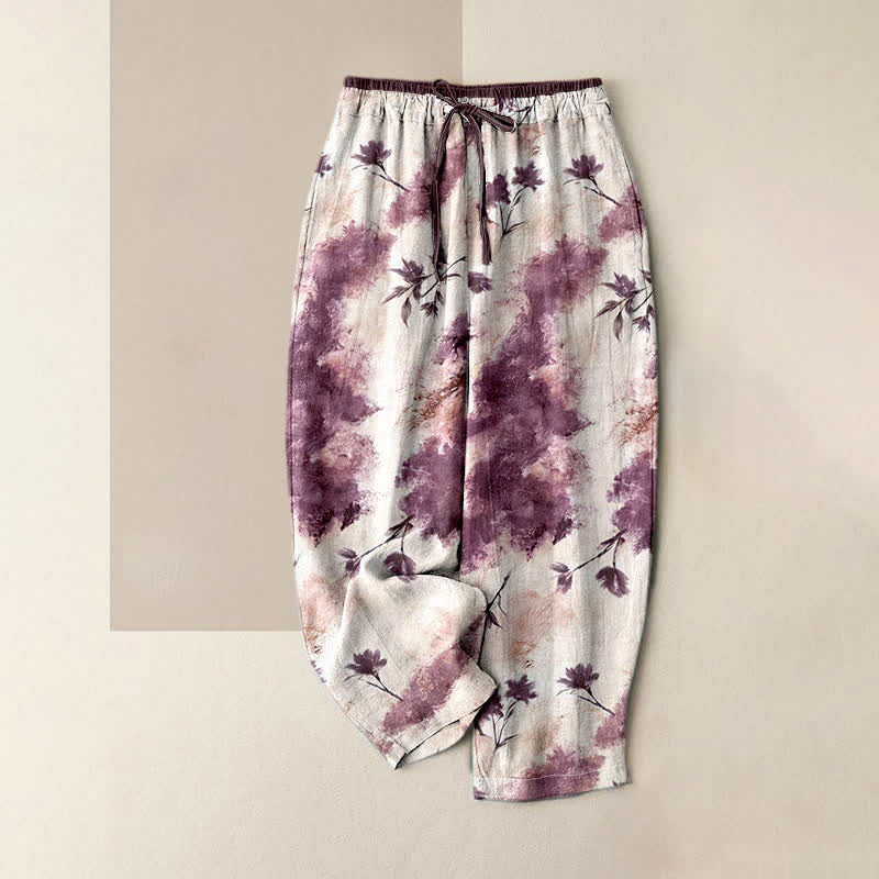 Buddha Stones Damen-Hose aus reiner Baumwolle mit elastischem Kordelzug und Taschen, verziert mit floralem Tuschewasch-Muster - Blassviolettrot - US16, UK/AU20, EU48 (3XL) - image 6