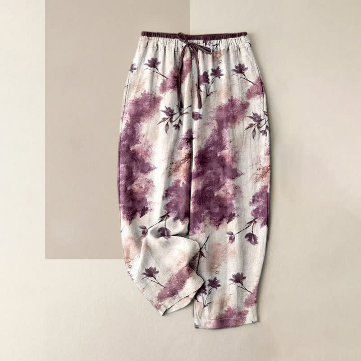 Buddha Stones Damen-Hose aus reiner Baumwolle mit elastischem Kordelzug und Taschen, verziert mit floralem Tuschewasch-Muster - Blassviolettrot - US16, UK/AU20, EU48 (3XL) - image 6