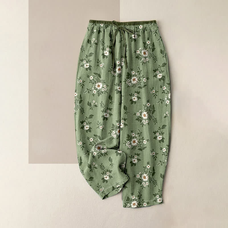 Buddha Stones Damenhose aus reiner Baumwolle mit zartem Blumenmuster, elastischem Bund und Taschen - Dunkelseegrün - US16, UK/AU20, EU48 (3XL) - image 0