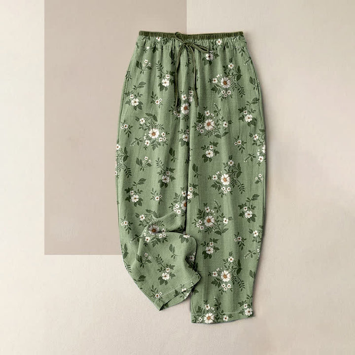 Buddha Stones Damenhose aus reiner Baumwolle mit zartem Blumenmuster, elastischem Bund und Taschen - Dunkelseegrün - US16, UK/AU20, EU48 (3XL) - image 0