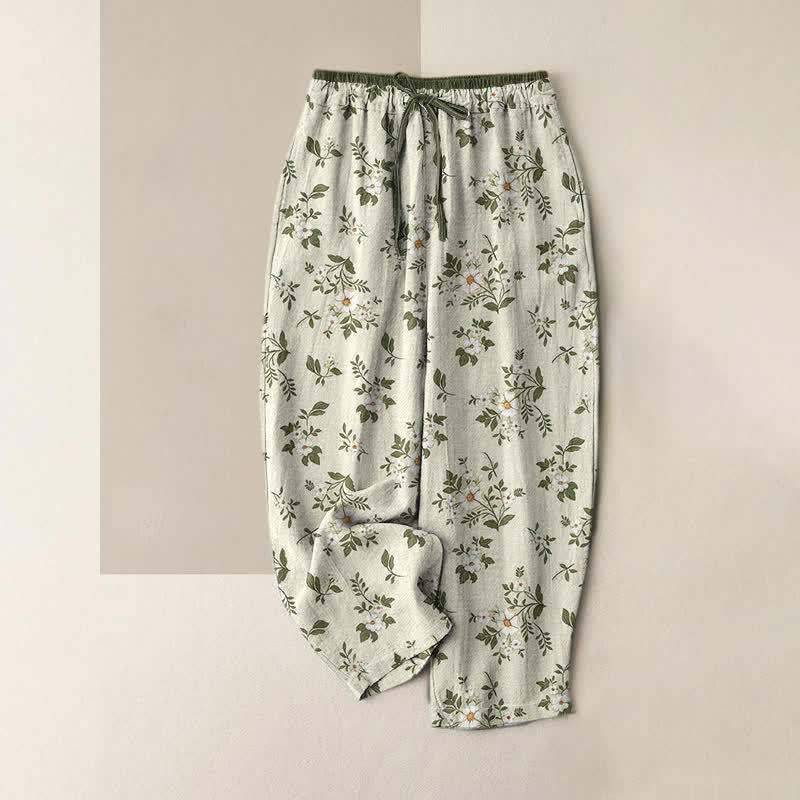 Buddha Stones Damenhose aus reiner Baumwolle mit zartem Blumenmuster, elastischem Bund und Taschen - Beige - US16, UK/AU20, EU48 (3XL) - image 3