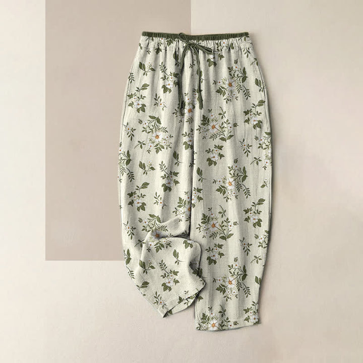 Buddha Stones Damenhose aus reiner Baumwolle mit zartem Blumenmuster, elastischem Bund und Taschen - Beige - US16, UK/AU20, EU48 (3XL) - image 3