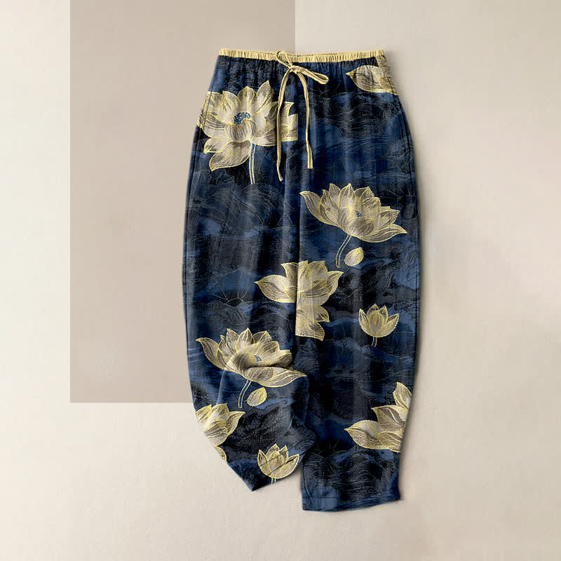 Buddha Stones Damenhose mit Lotusmuster, aus reiner Baumwolle, elastischem Bund und Taschen - Dunkelblau - US16, UK/AU20, EU48 (3XL) - image 0