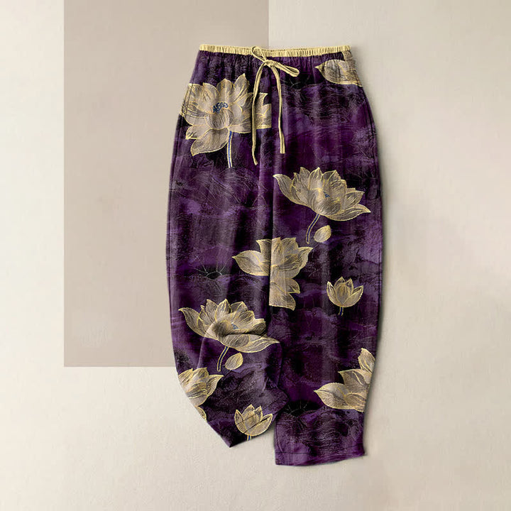 Buddha Stones Damenhose mit Lotusmuster, aus reiner Baumwolle, elastischem Bund und Taschen - Lila - US16, UK/AU20, EU48 (3XL) - image 4