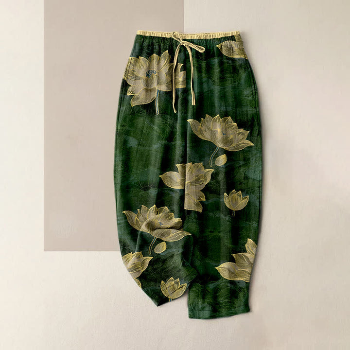 Buddha Stones Damenhose mit Lotusmuster, aus reiner Baumwolle, elastischem Bund und Taschen - Dunkelgrün - US16, UK/AU20, EU48 (3XL) - image 8