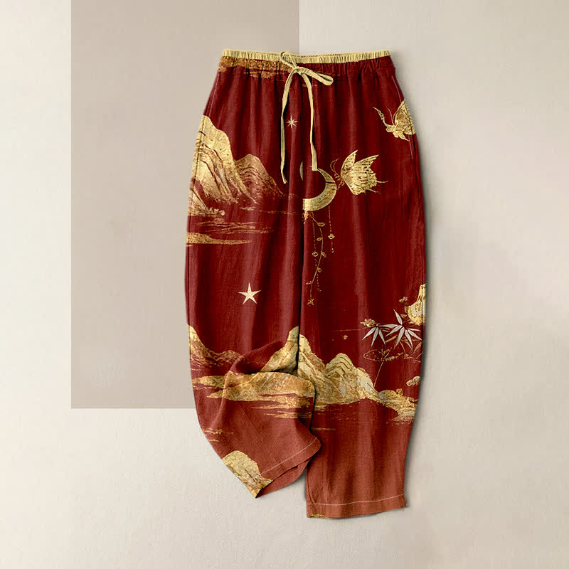 Buddha Stones Baumwollhose für Damen mit Bergmond- und Schmetterlingsmuster, elastischem Bund und Taschen - Dunkelrot - US16, UK/AU20, EU48 (3XL) - image 3
