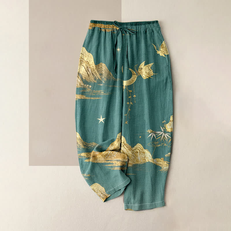 Buddha Stones Baumwollhose für Damen mit Bergmond- und Schmetterlingsmuster, elastischem Bund und Taschen - Hellseegrün - US16, UK/AU20, EU48 (3XL) - image 0