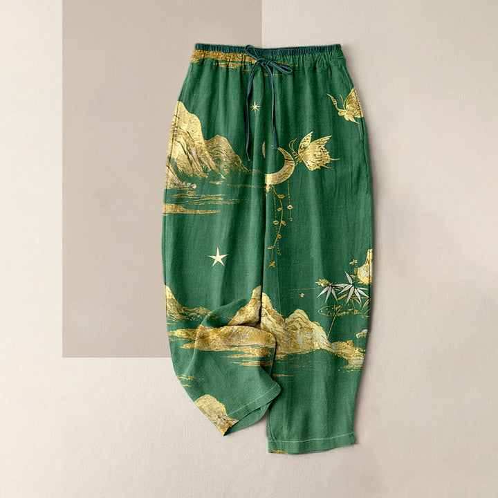 Buddha Stones Baumwollhose für Damen mit Bergmond- und Schmetterlingsmuster, elastischem Bund und Taschen - Mittelseegrün - US16, UK/AU20, EU48 (3XL) - image 6