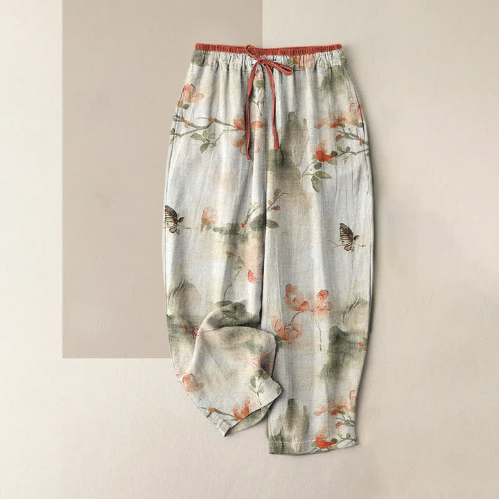 Buddha Stones Damenhose aus reiner Baumwolle mit Schmetterlings- und Blumenmuster und Taschen - Leinen - US16, UK/AU20, EU48 (3XL) - image 0
