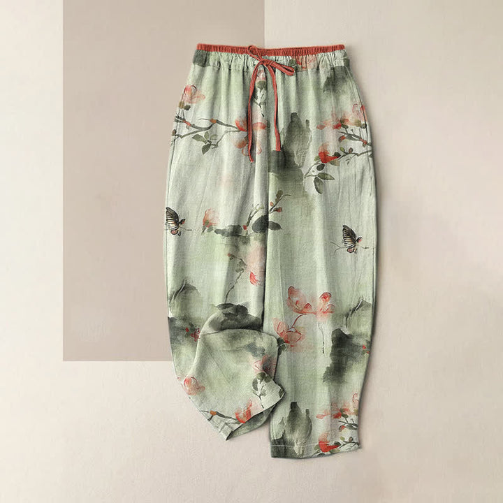 Buddha Stones Damenhose aus reiner Baumwolle mit Schmetterlings- und Blumenmuster und Taschen - Honigmelone - US16, UK/AU20, EU48 (3XL) - image 3