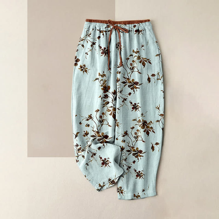 Buddha Stones Damenhose aus reiner Baumwolle mit Retro-Blumenmuster, elastischem Bund und Taschen - Hellcyan - US16, UK/AU20, EU48 (3XL) - image 3