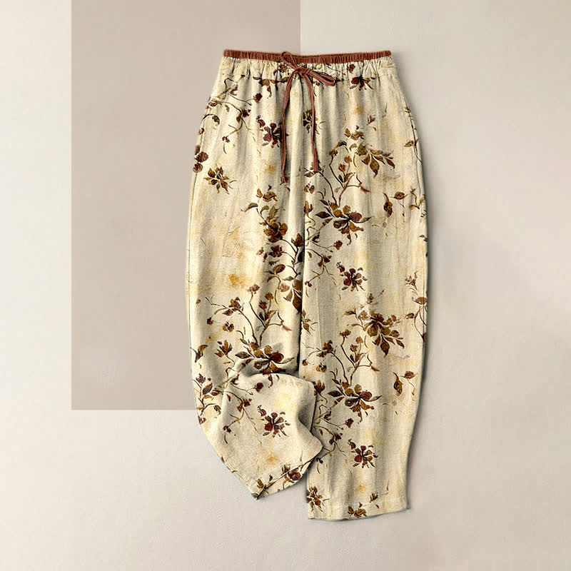 Buddha Stones Damenhose aus reiner Baumwolle mit Retro-Blumenmuster, elastischem Bund und Taschen - Zitronen-Chiffon - US16, UK/AU20, EU48 (3XL) - image 0