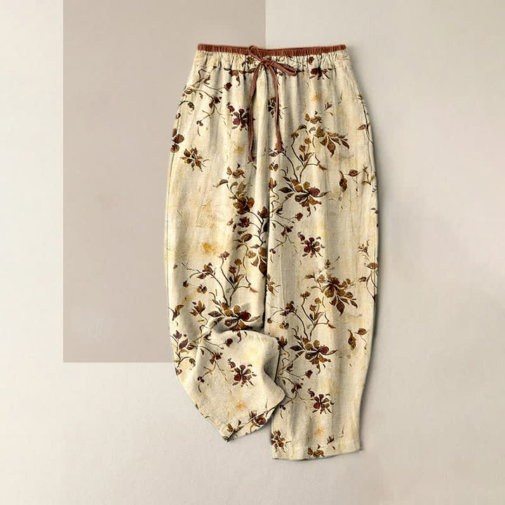 Buddha Stones Damenhose aus reiner Baumwolle mit Retro-Blumenmuster, elastischem Bund und Taschen - Zitronen-Chiffon - US16, UK/AU20, EU48 (3XL) - image 0