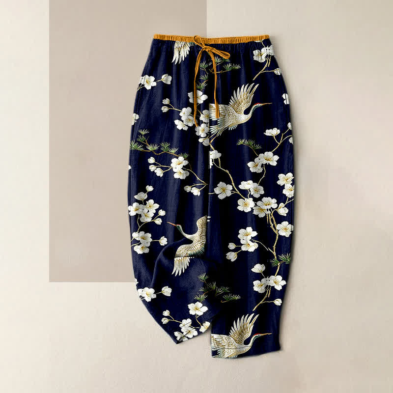 Buddha Stones Damenhose aus reiner Baumwolle mit Kranich- und Pflaumenblütenmuster, elastischem Bund und Taschen - Mitternachtsblau - US16, UK/AU20, EU48 (3XL) - image 0